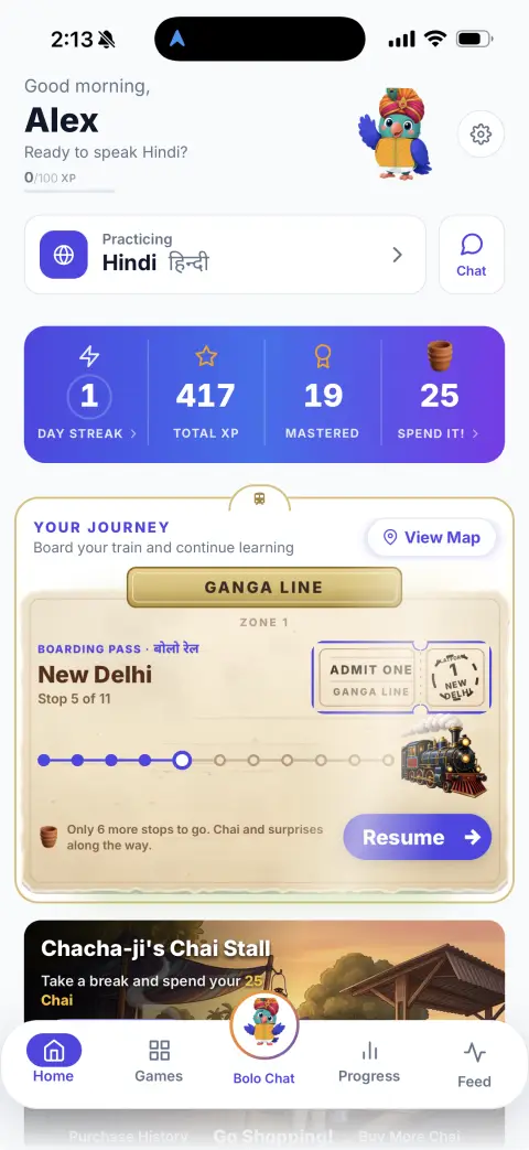 Bolo! South Asia app home shown in Hindi